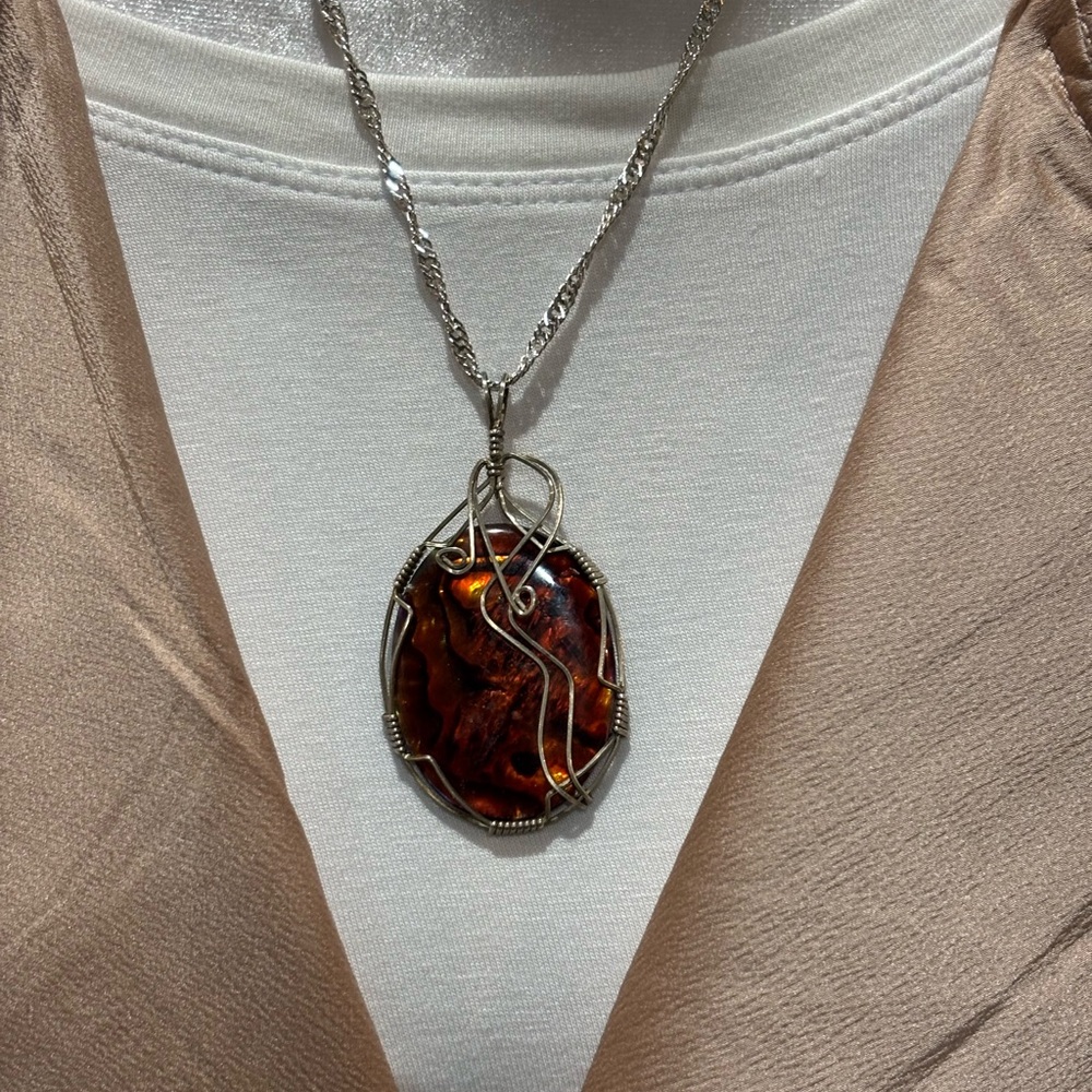Orange Red Amber Paua Shell wrapped in Sterling Silver Wire pendant necklace